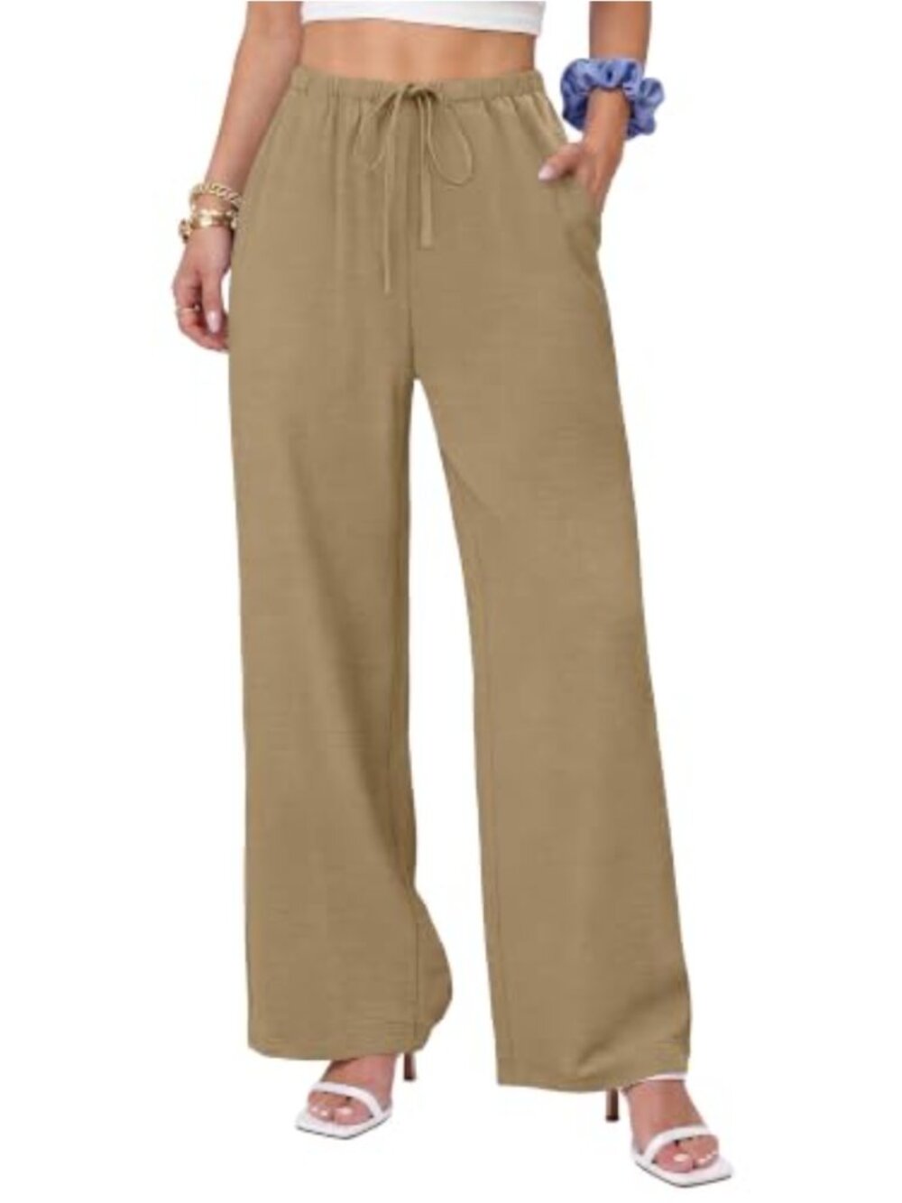Wide Leg Palazzo Pants Flowy Elastic Waist Trousers with Pockets